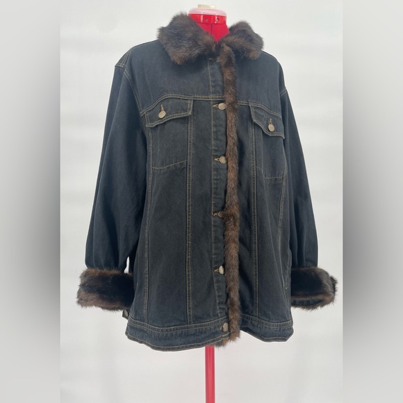 Dennis Basso (Faux) Fur Trimmed Dark Wash Denim Jacket Plus Size - Picture 4 of 16